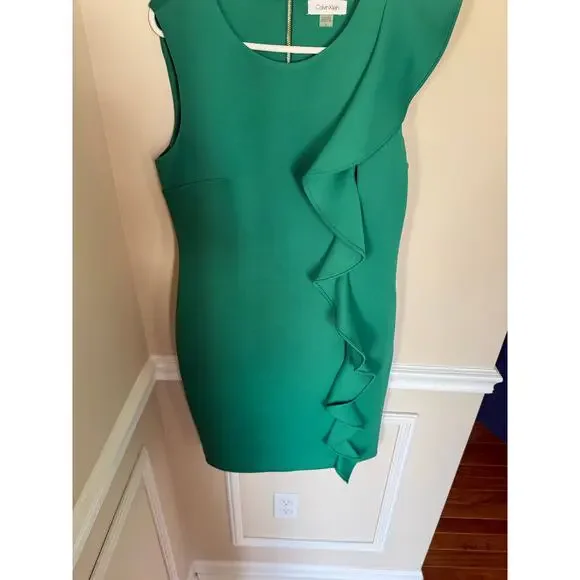 Green Preppy Ruffle Side Calvin Klein *HEMMED* Midi Length Dress Summer Formal - Picture 6 of 14